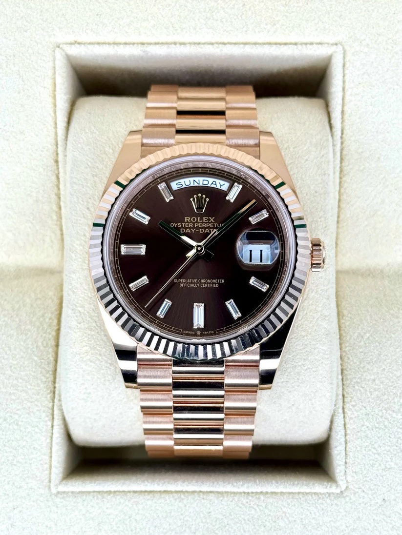 Rolex Day-Date "President" 40mm Everose Gold Chocolate Diamond Baguette Dial - 228235 - Image 2