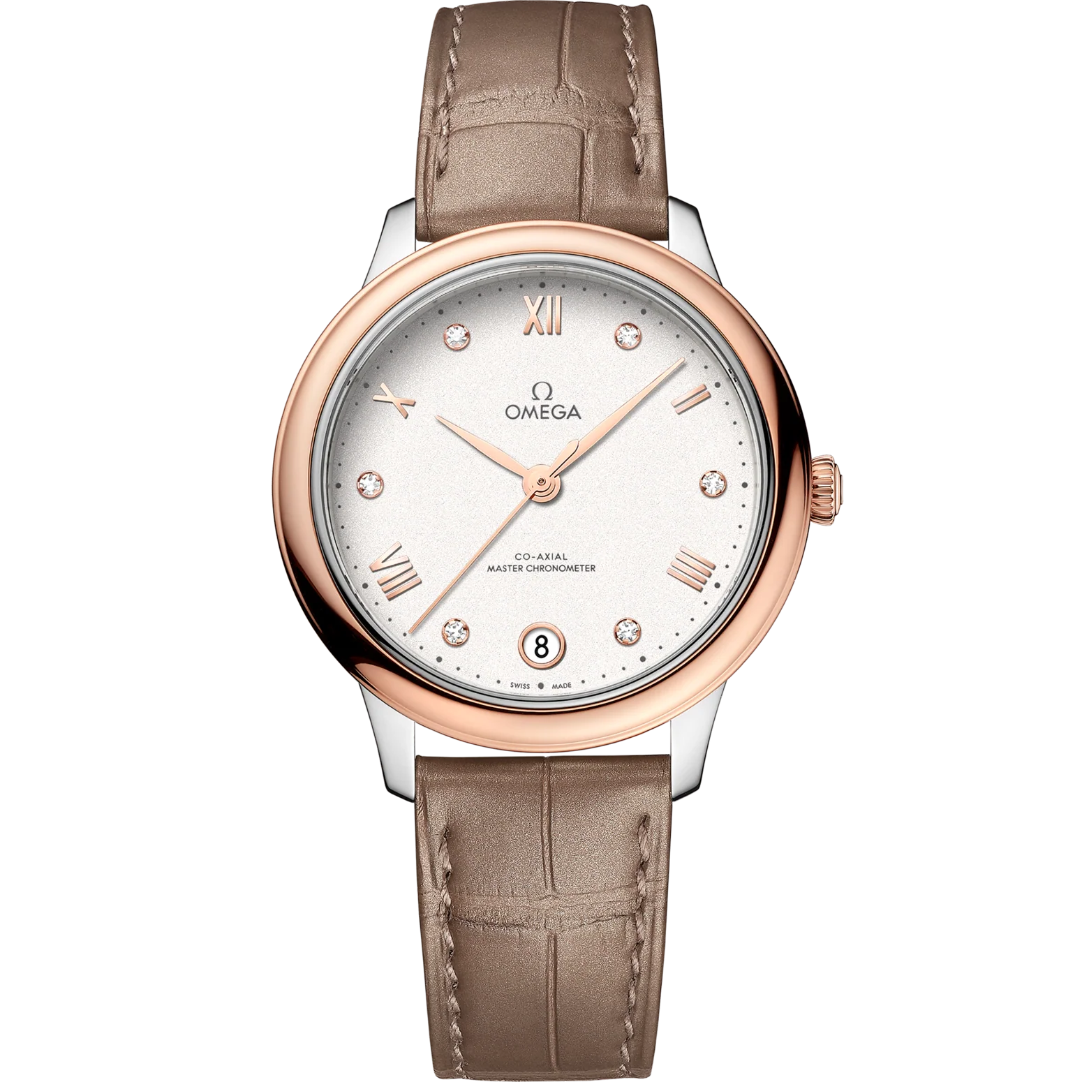 Omega De Ville Prestige 34 mm Silver Dial with Diamonds Stainless Steel and Sedna™ 18k Rose Gold Strap 434.23.34.20.52.001