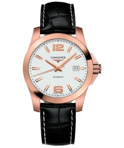 Longines Men's L36768763 Conquest 18kt Rose Gold Automatic Black Leather Watch