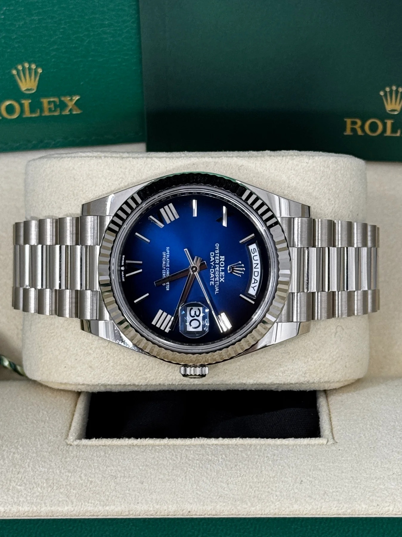 Rolex Day-Date "President" 40mm Platinum Blue Roman Ombre Dial - 228236 - Image 5