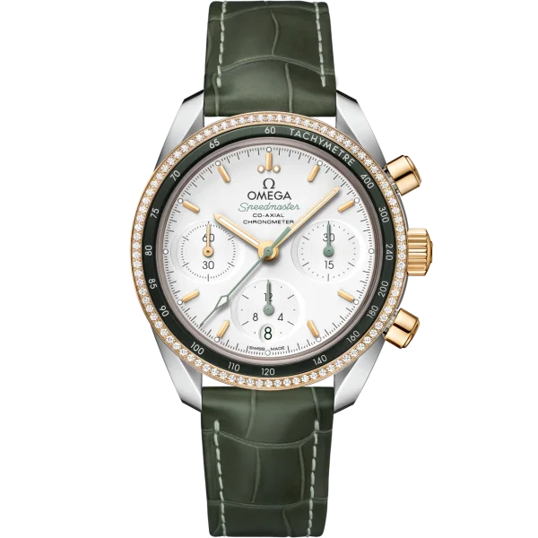 Omega Speedmaster 38 Silver Dial 38mm with Diamonds Stainless Steel 18k Yellow Gold Strap 324.28.38.50.02.001