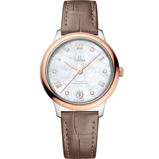 Omega De Ville Prestige 34 mm White Dial with Diamonds Stainless Steel and Sedna™ 18k Rose Gold Strap 434.23.34.20.55.001