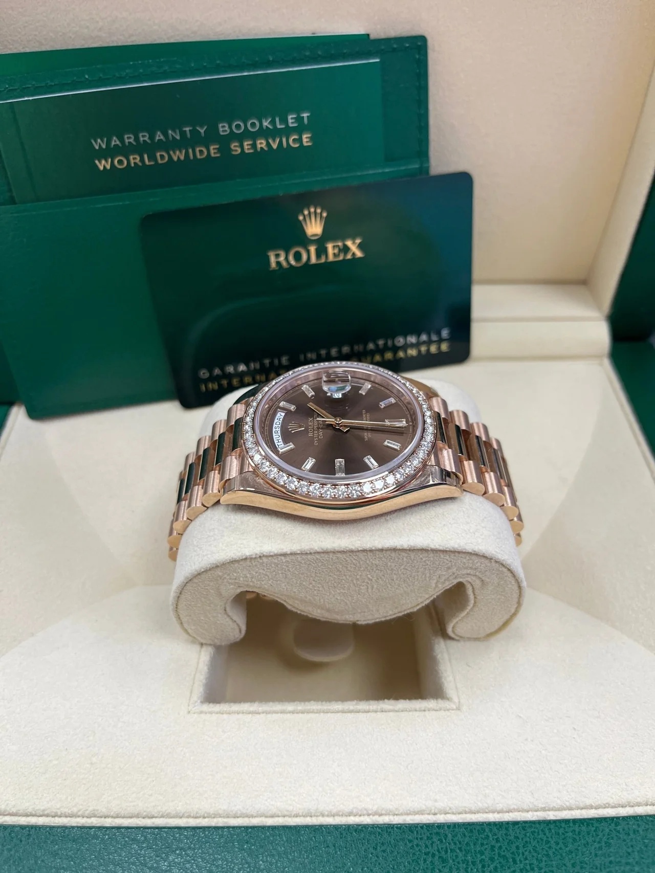 Rolex Day-Date 40mm Chocolate Baguette Diamond Dial Diamond Bezel Dial Watch 228345RBR - Image 7