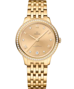 Omega De Ville Prestige 34mm Yellow Dial with Diamonds 18k Yellow Gold Bracelet 434.55.34.20.58.001