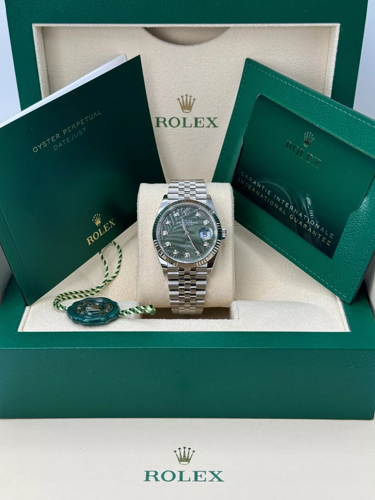 Rolex Datejust 36mm 126234 Olive Green Palm Motif Diamond Dial Jubilee Stainless Steel Watch - Image 12