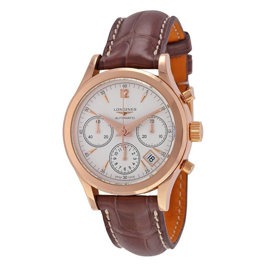 Longines Men's L27428762 Heritage 18kt Rose Gold Chronograph Automatic Brown Leather Watch
