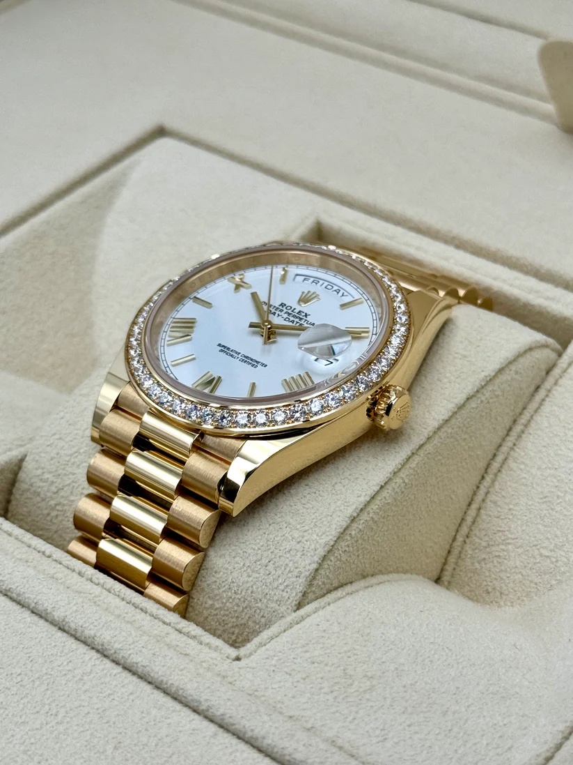 Rolex Day-Date "President" 40mm Yellow Gold White Roman Dial Diamond Bezel - 228348rbr - Image 4