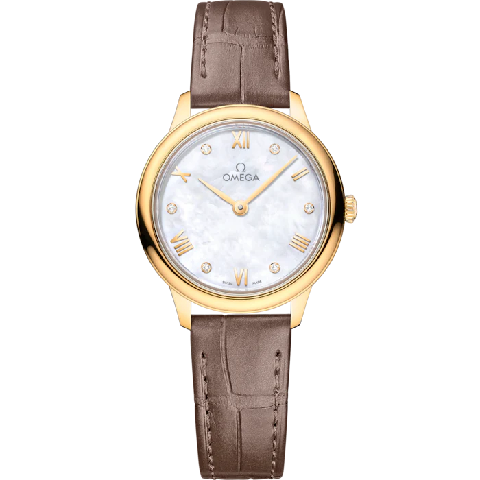 Omega De Ville Prestige 27.5 mm White Dial with Diamonds 18k Yellow Gold Strap 434.53.28.60.55.002