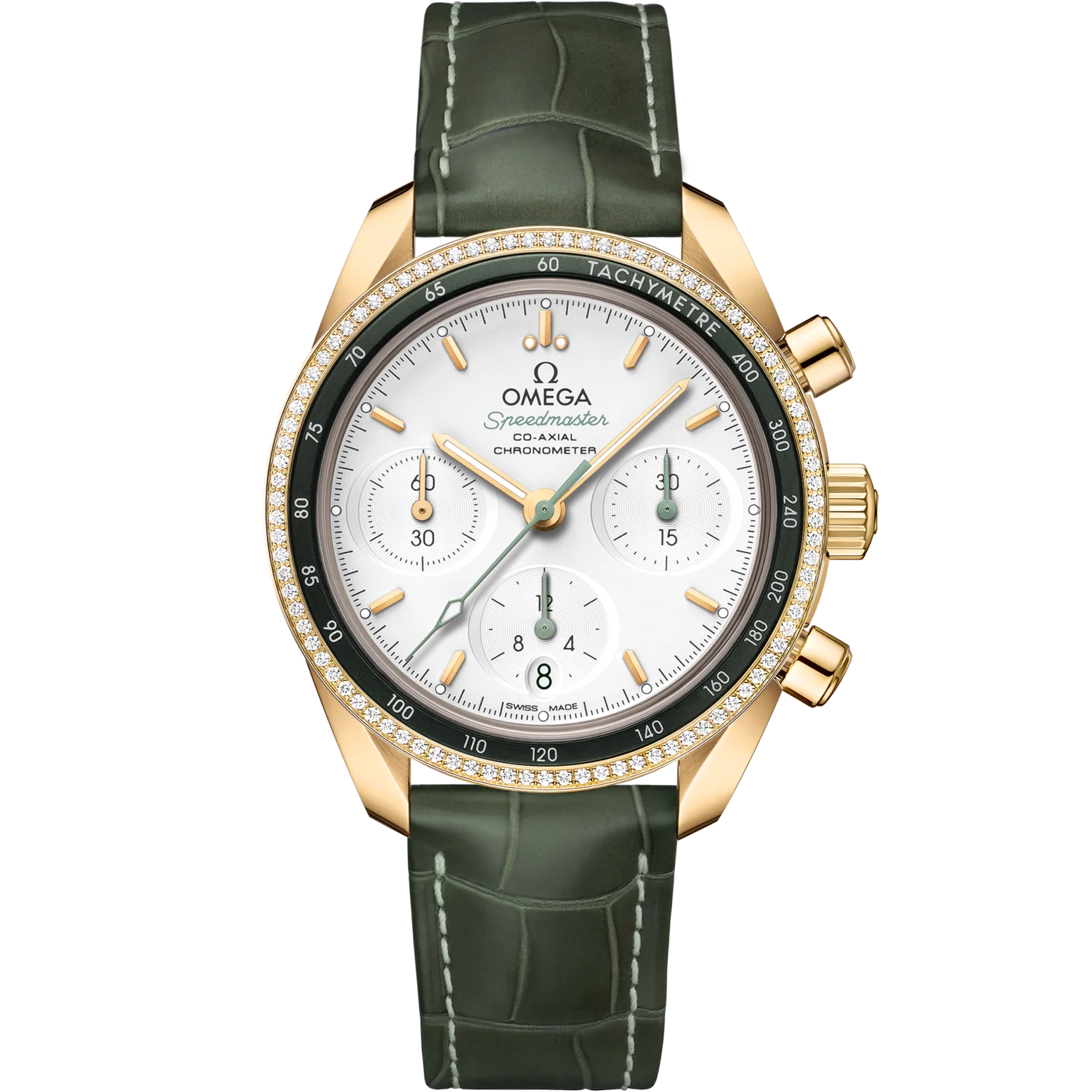 Omega Speedmaster 38 Silver Dial 38mm with Diamonds 18k Yellow Gold Strap 324.68.38.50.02.004