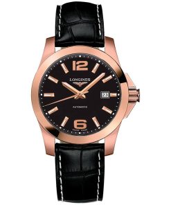 Longines Men's L36768563 Conquest 18kt Rose Gold Automatic Black Leather Watch