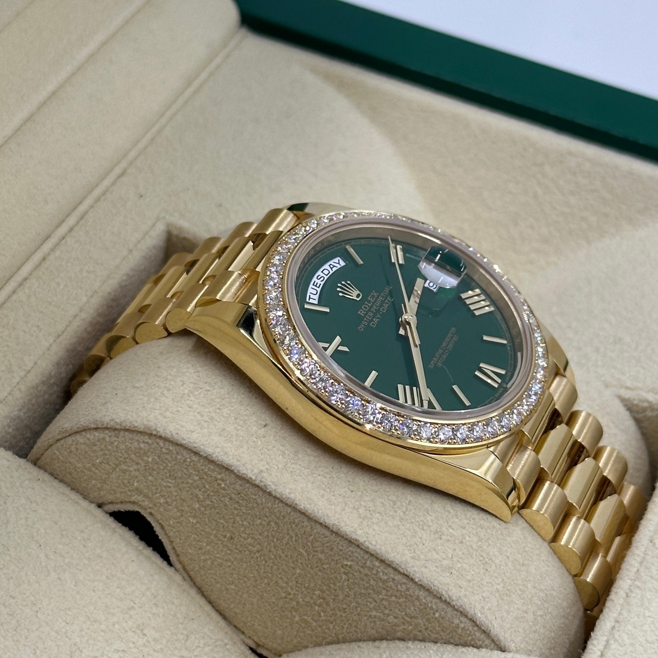 Rolex Day-Date "President" 40mm Yellow Gold Green Roman Dial Diamond Bezel - 228348rbr - Image 3
