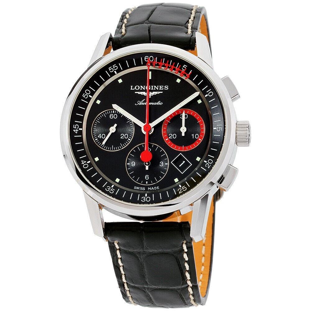 Longines Men's L4.754.4.52.4 Heritage Chronograph Black Leather Watch