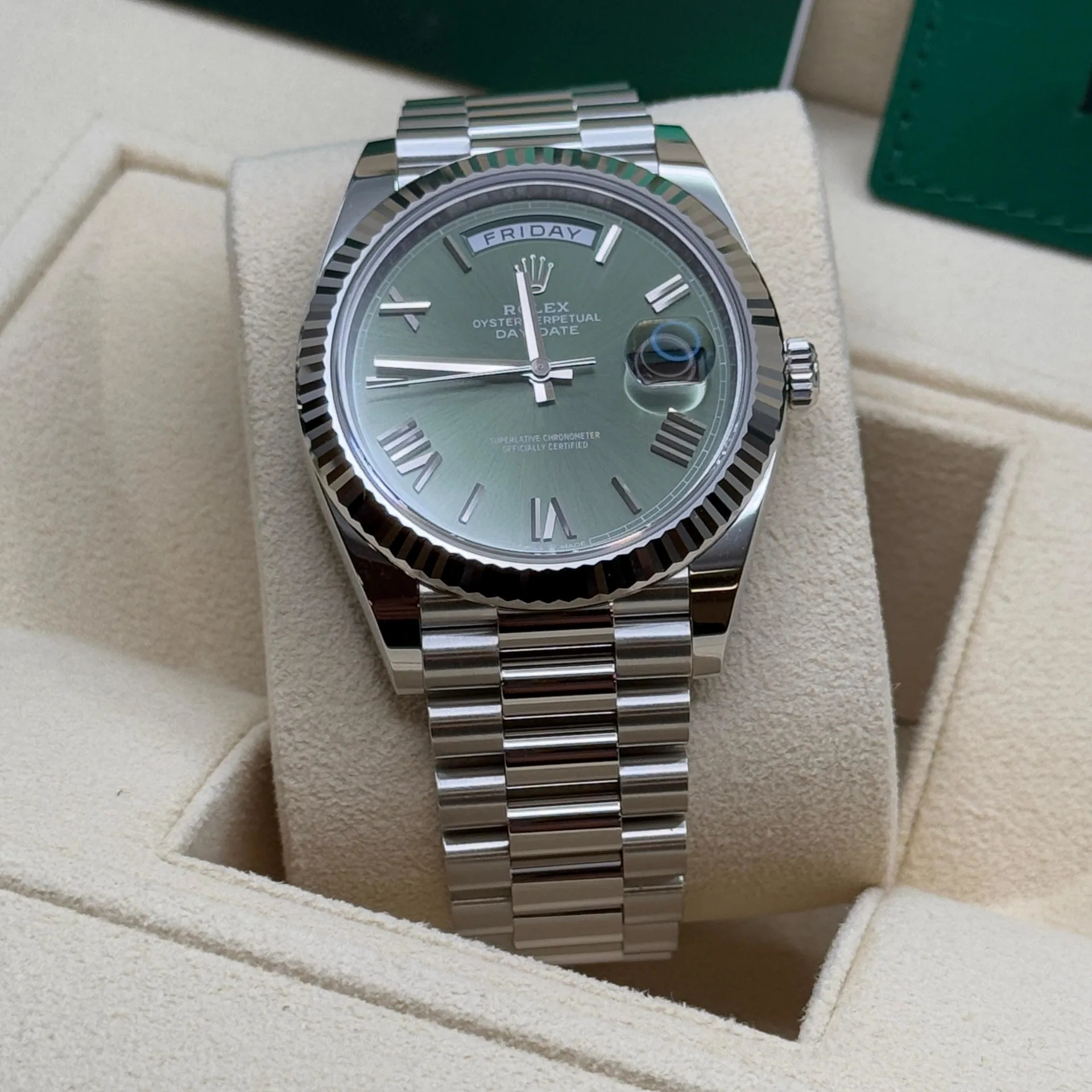 Rolex Day-Date "President" 40mm Platinum Green Olive Roman Dial - 228236 - Image 7