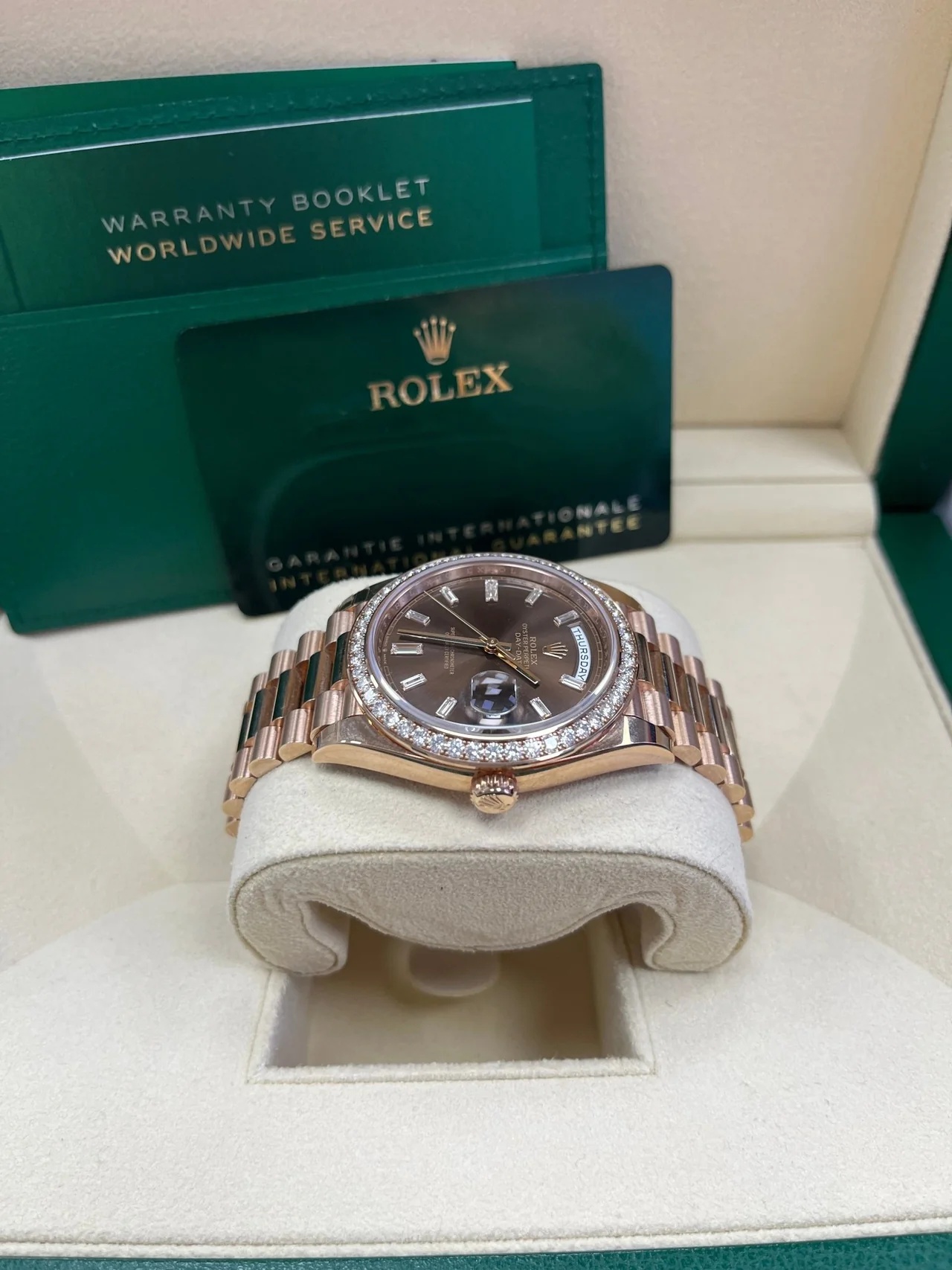 Rolex Day-Date 40mm Chocolate Baguette Diamond Dial Diamond Bezel Dial Watch 228345RBR - Image 6