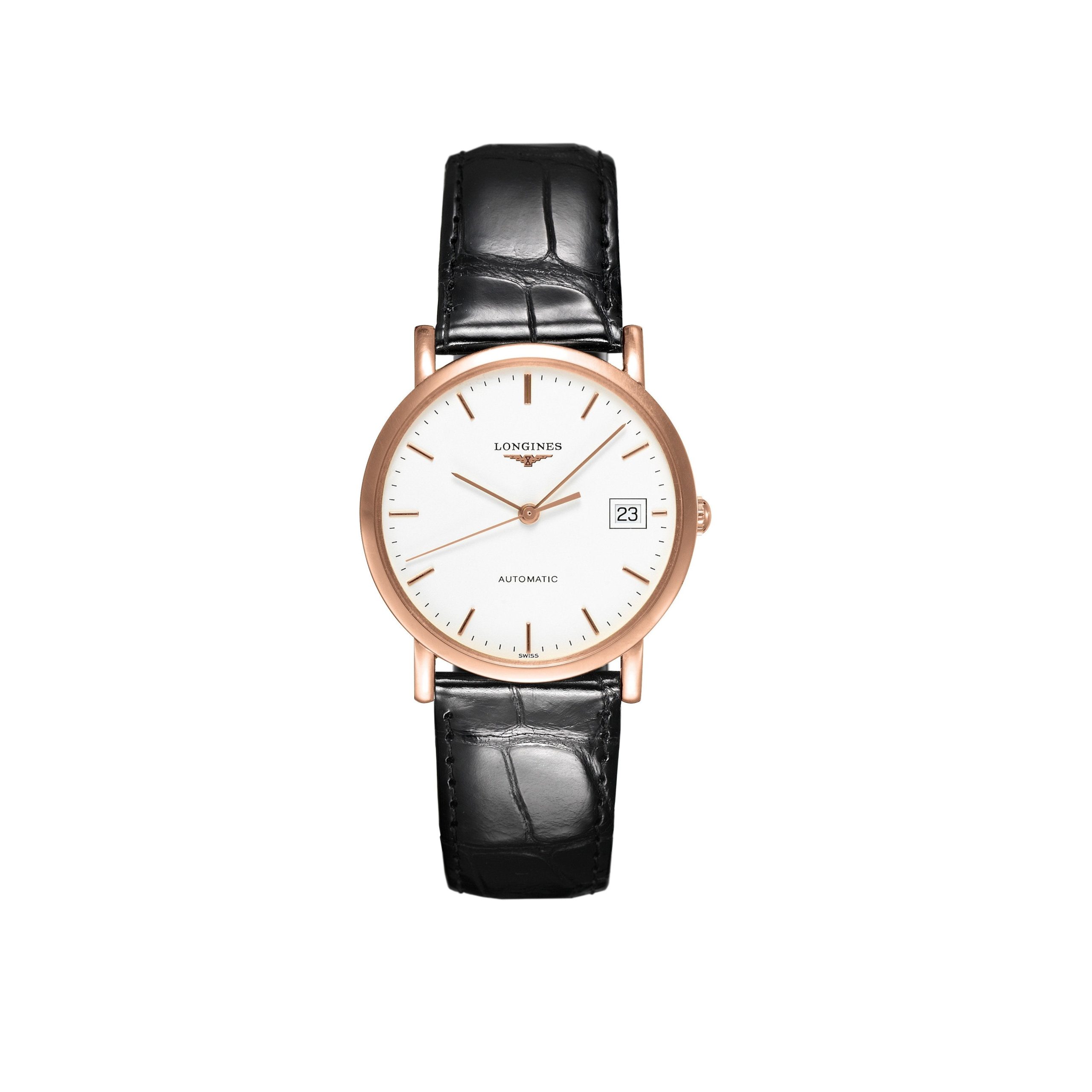 Longines Women's L47788120 Elegant 18kt Pink Gold Automatic Black Leather Watch