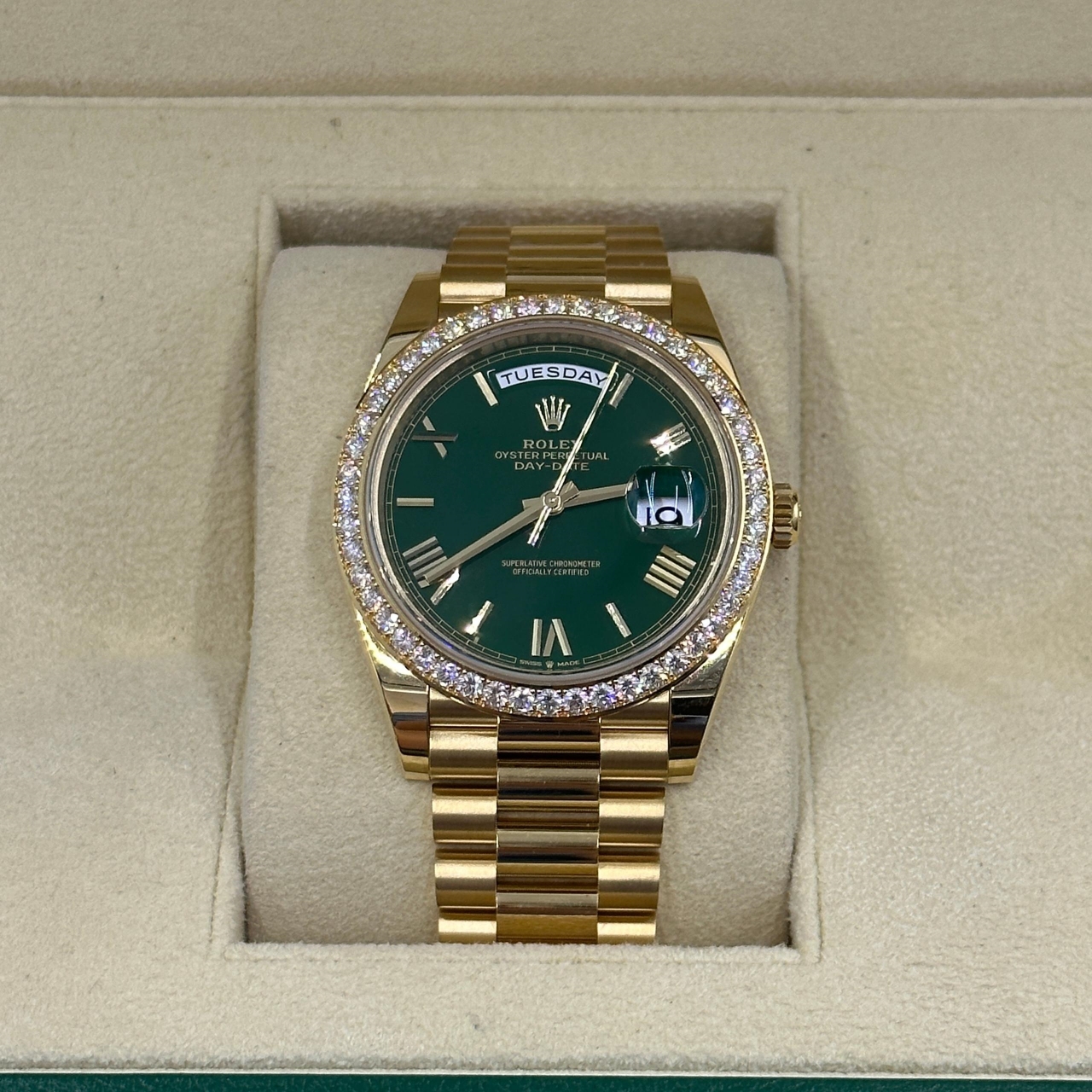 Rolex Day-Date "President" 40mm Yellow Gold Green Roman Dial Diamond Bezel - 228348rbr - Image 2