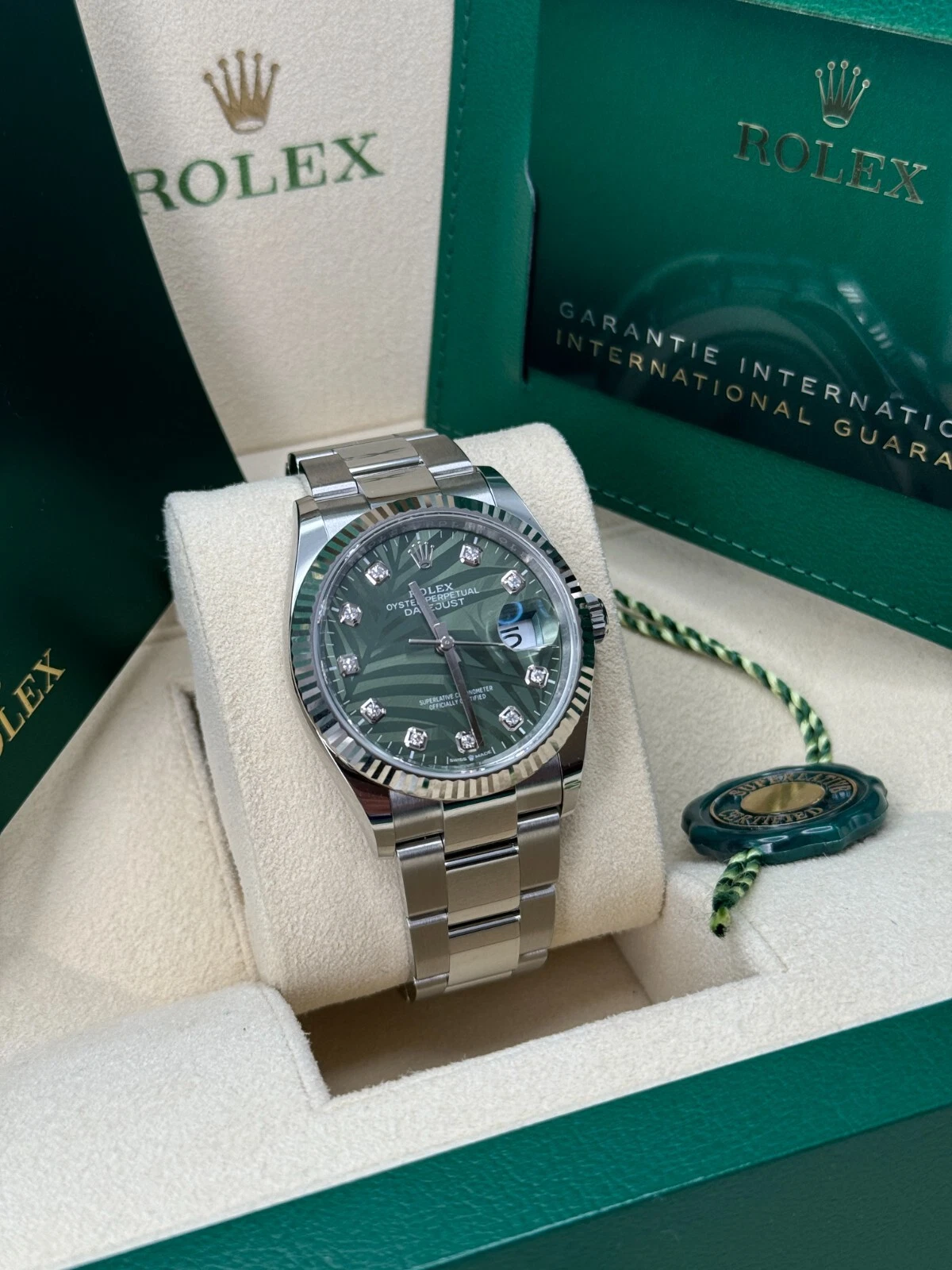 Rolex Datejust 36mm 126234 Olive Green Palm Motif Diamond Dial Jubilee Stainless Steel Watch - Image 4