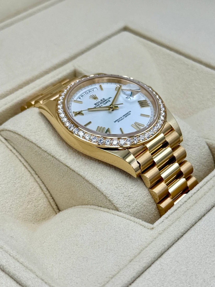 Rolex Day-Date "President" 40mm Yellow Gold White Roman Dial Diamond Bezel - 228348rbr - Image 3