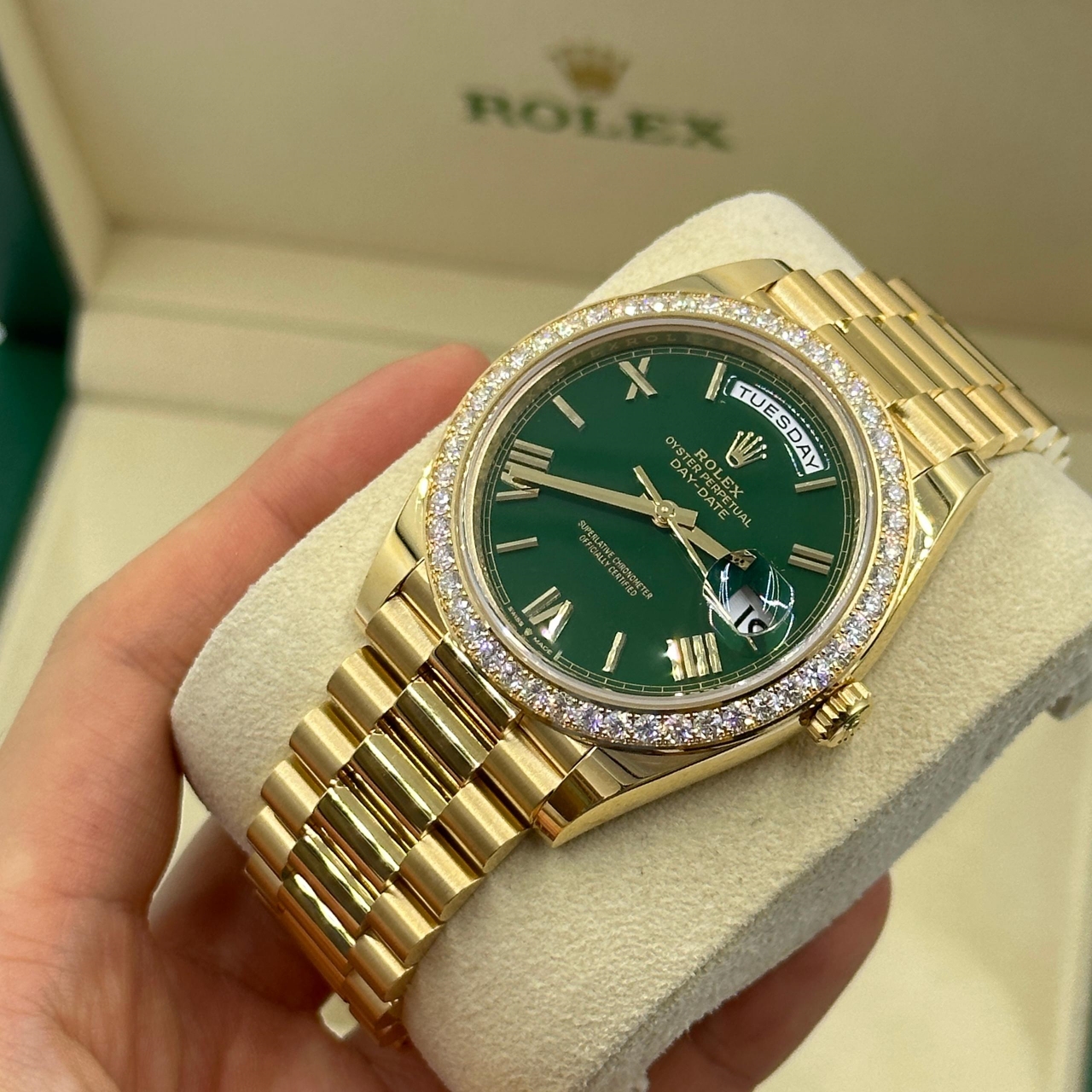 Rolex Day-Date "President" 40mm Yellow Gold Green Roman Dial Diamond Bezel - 228348rbr - Image 8