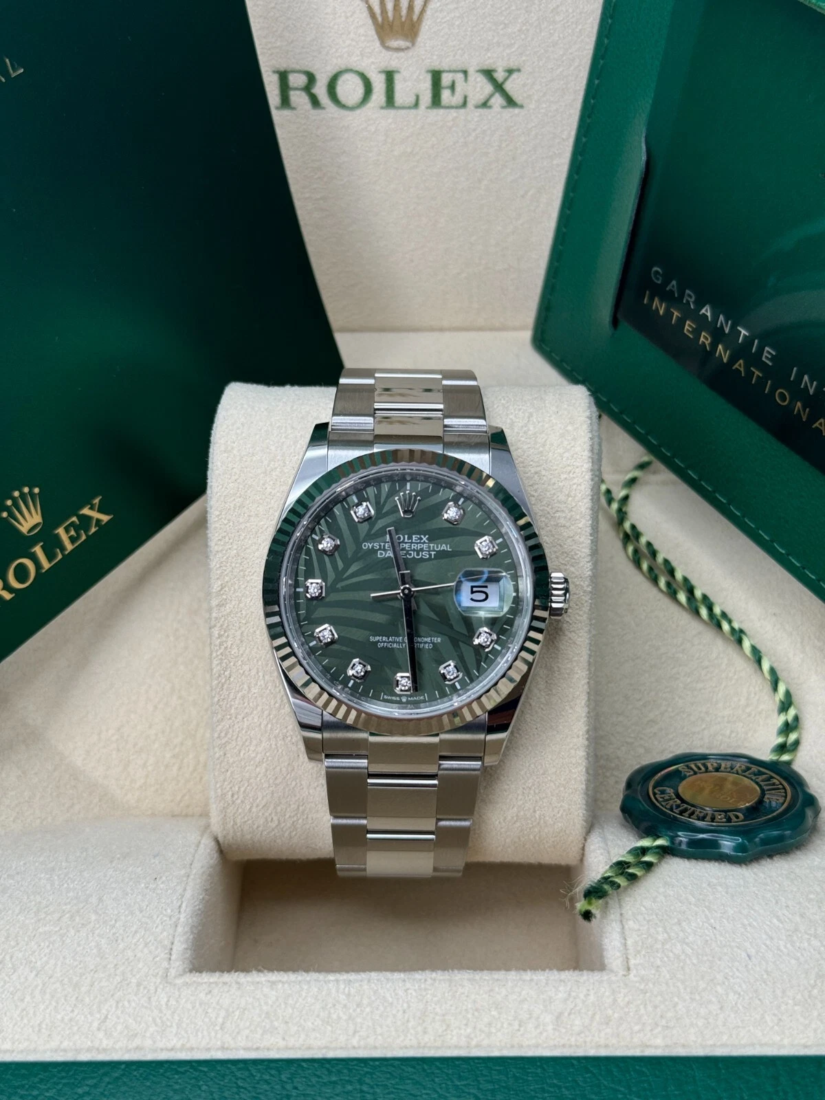 Rolex Datejust 36mm 126234 Olive Green Palm Motif Diamond Dial Jubilee Stainless Steel Watch - Image 3