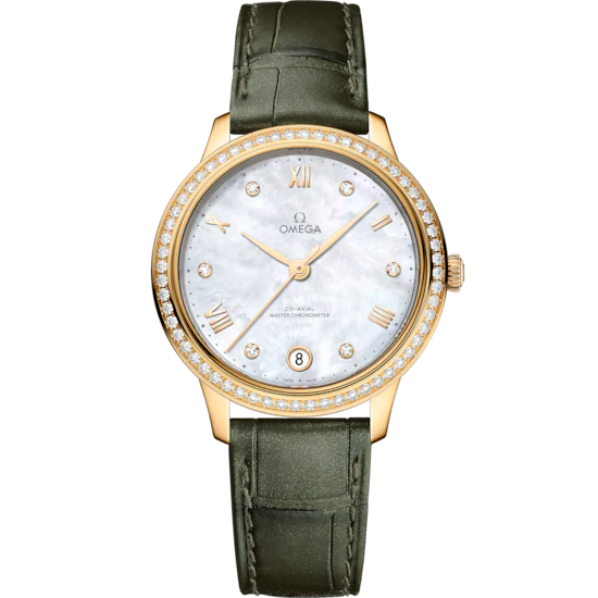 Omega De Ville Prestige 34mm White Dial with Diamonds 18k Yellow Gold Strap 434.58.34.20.55.002