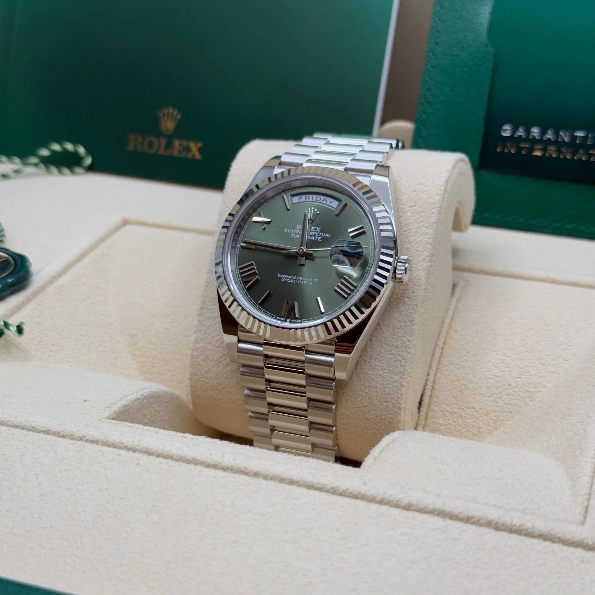 Rolex Day-Date "President" 40mm Platinum Green Olive Roman Dial - 228236 - Image 3
