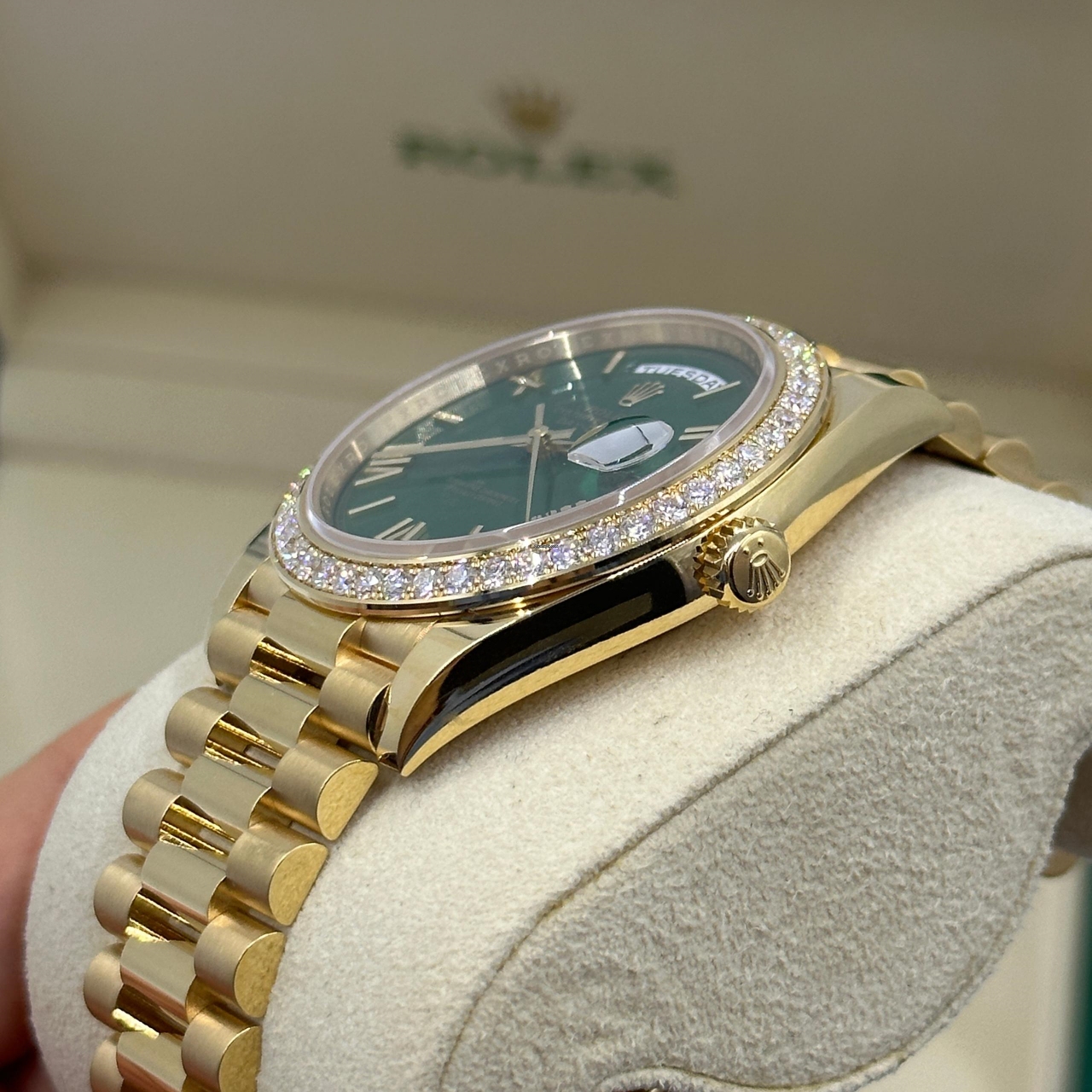 Rolex Day-Date "President" 40mm Yellow Gold Green Roman Dial Diamond Bezel - 228348rbr - Image 4