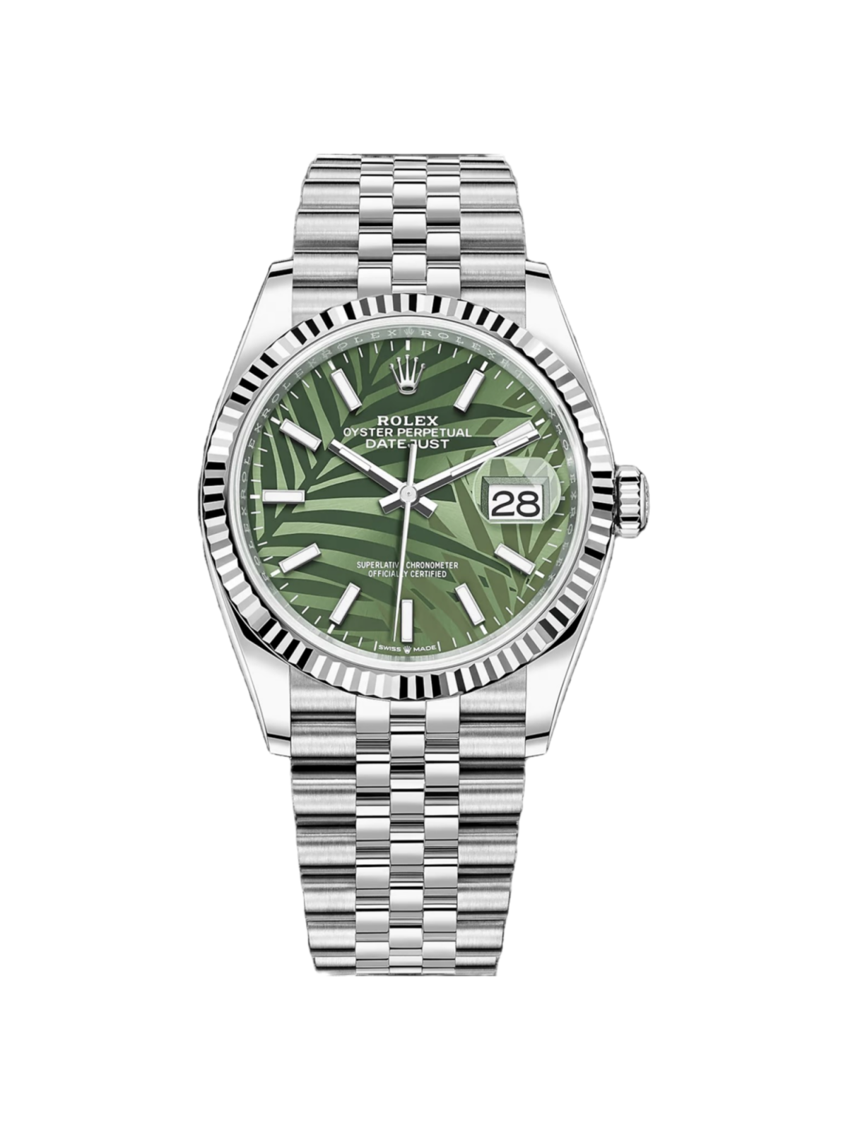 Rolex Datejust 36mm 126234 Olive Green Palm Motif Dial Jubilee Stainless Steel Watch