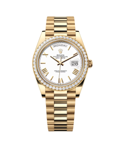 Rolex Day-Date "President" 40mm Yellow Gold White Roman Dial Diamond Bezel - 228348rbr