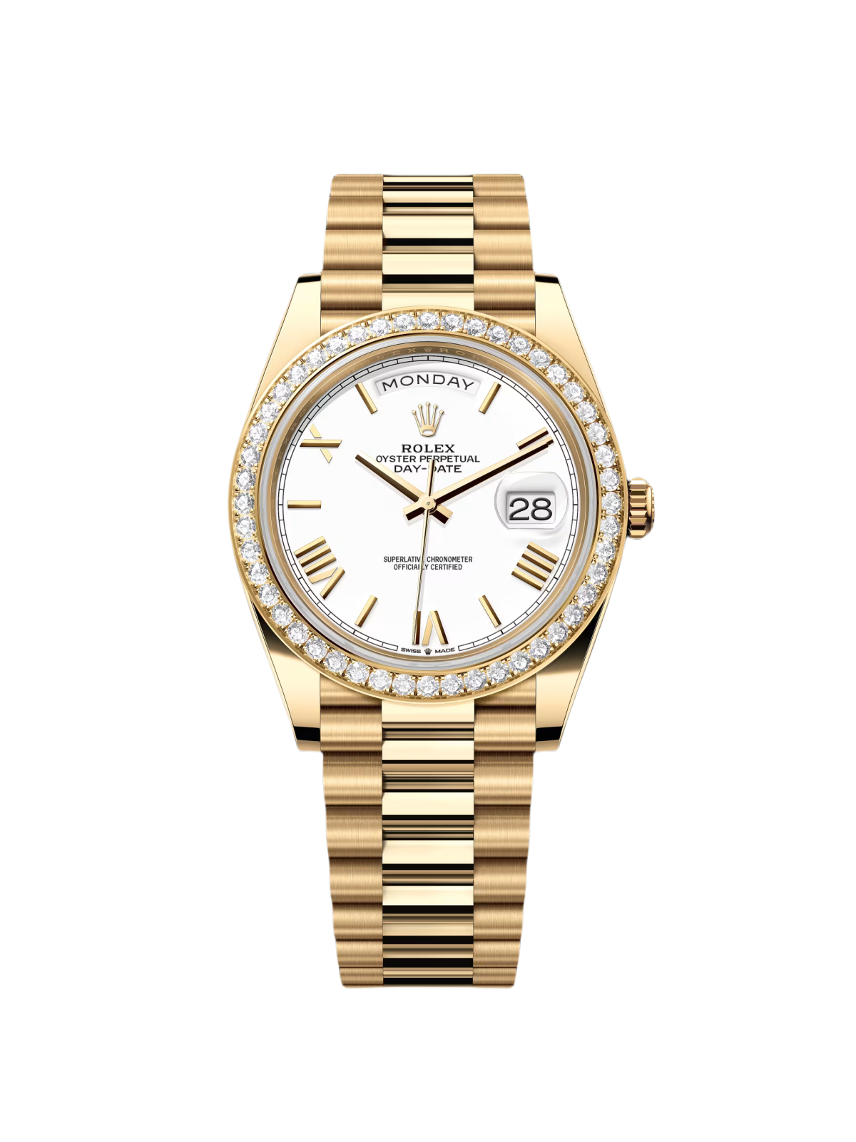 Rolex Day-Date "President" 40mm Yellow Gold White Roman Dial Diamond Bezel - 228348rbr