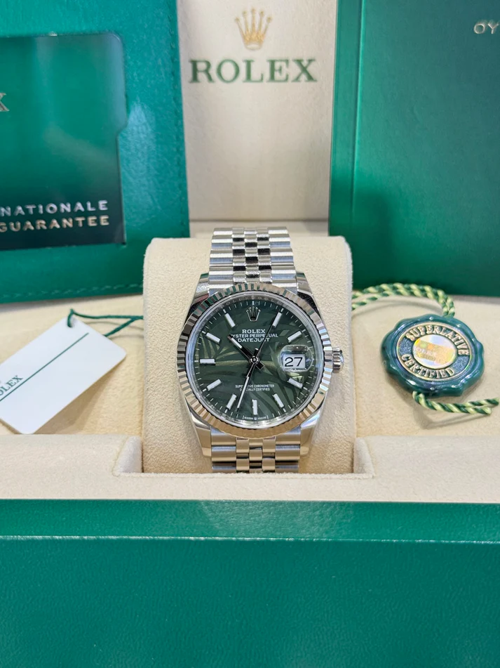 Rolex Datejust 36mm 126234 Olive Green Palm Motif Dial Jubilee Stainless Steel Watch - Image 3