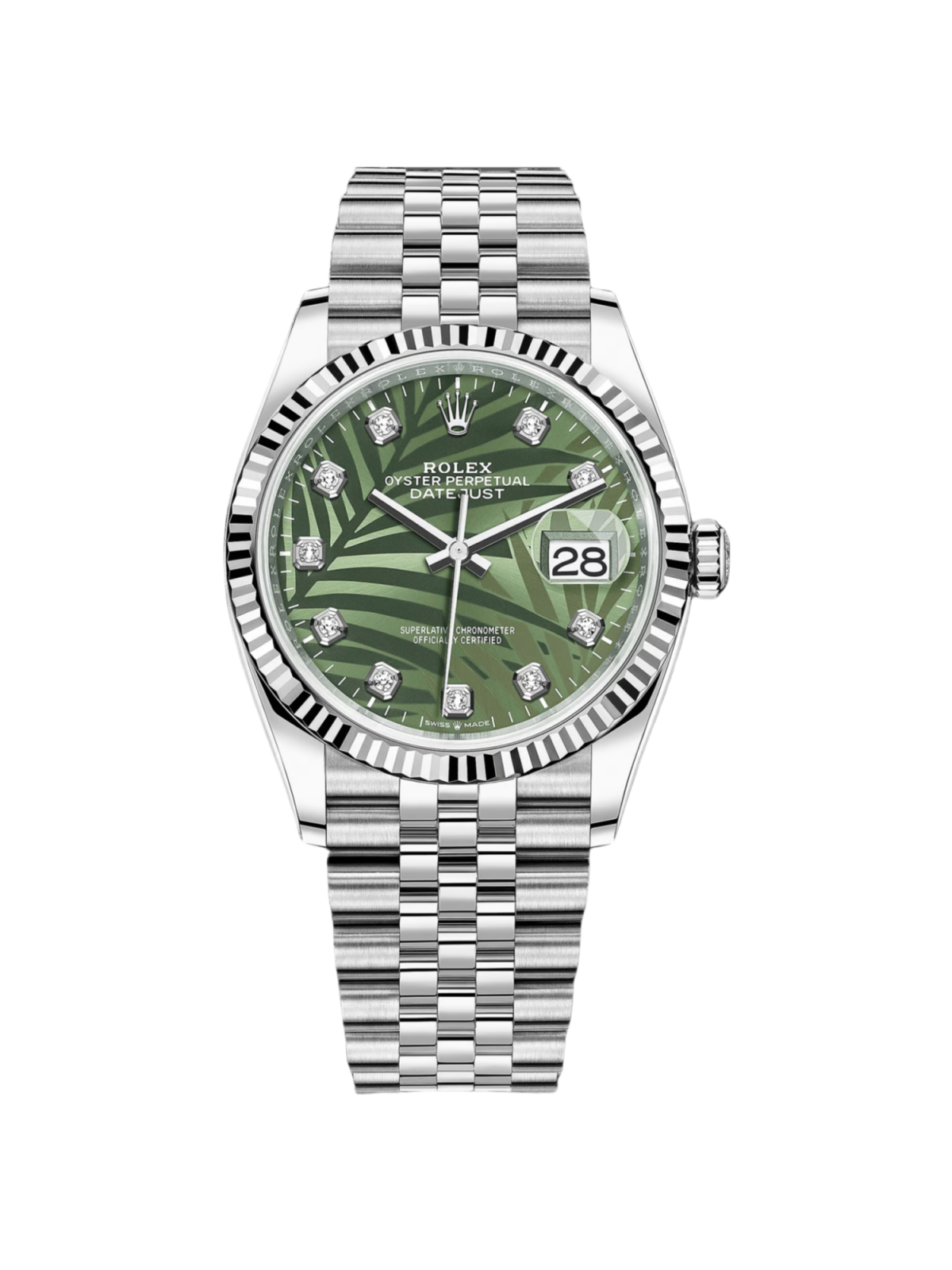 Rolex Datejust 36mm 126234 Olive Green Palm Motif Diamond Dial Jubilee Stainless Steel Watch - Image 2