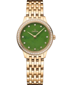 Omega De Ville Prestige 27.5mm Green jade Dial with Diamonds 18k Yellow Gold Strap 434.55.28.60.99.001
