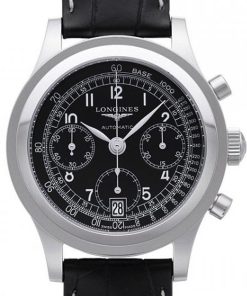 Longines Men's L2.768.4.53.2 Heritage Chronograph Black Leather Watch