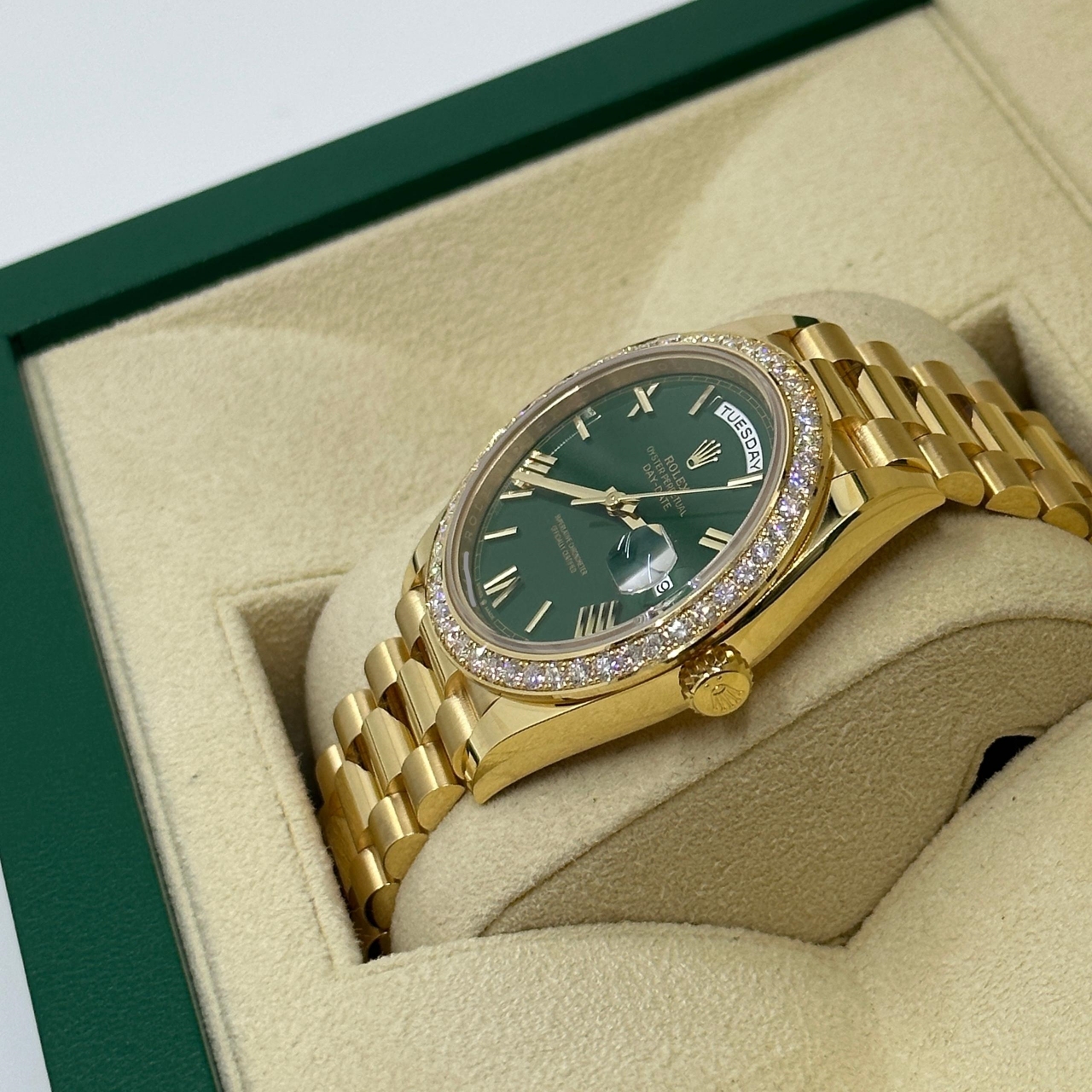 Rolex Day-Date "President" 40mm Yellow Gold Green Roman Dial Diamond Bezel - 228348rbr - Image 6