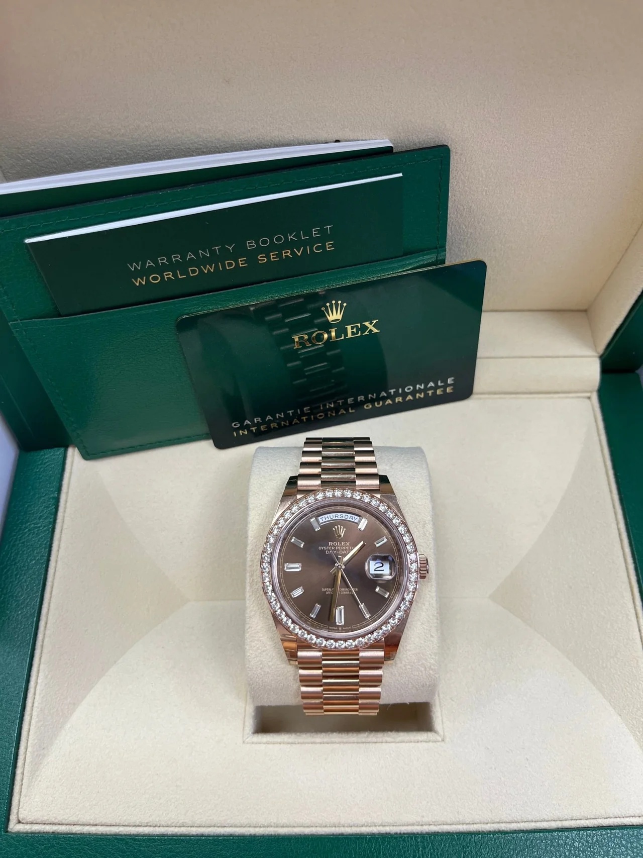 Rolex Day-Date 40mm Chocolate Baguette Diamond Dial Diamond Bezel Dial Watch 228345RBR - Image 9