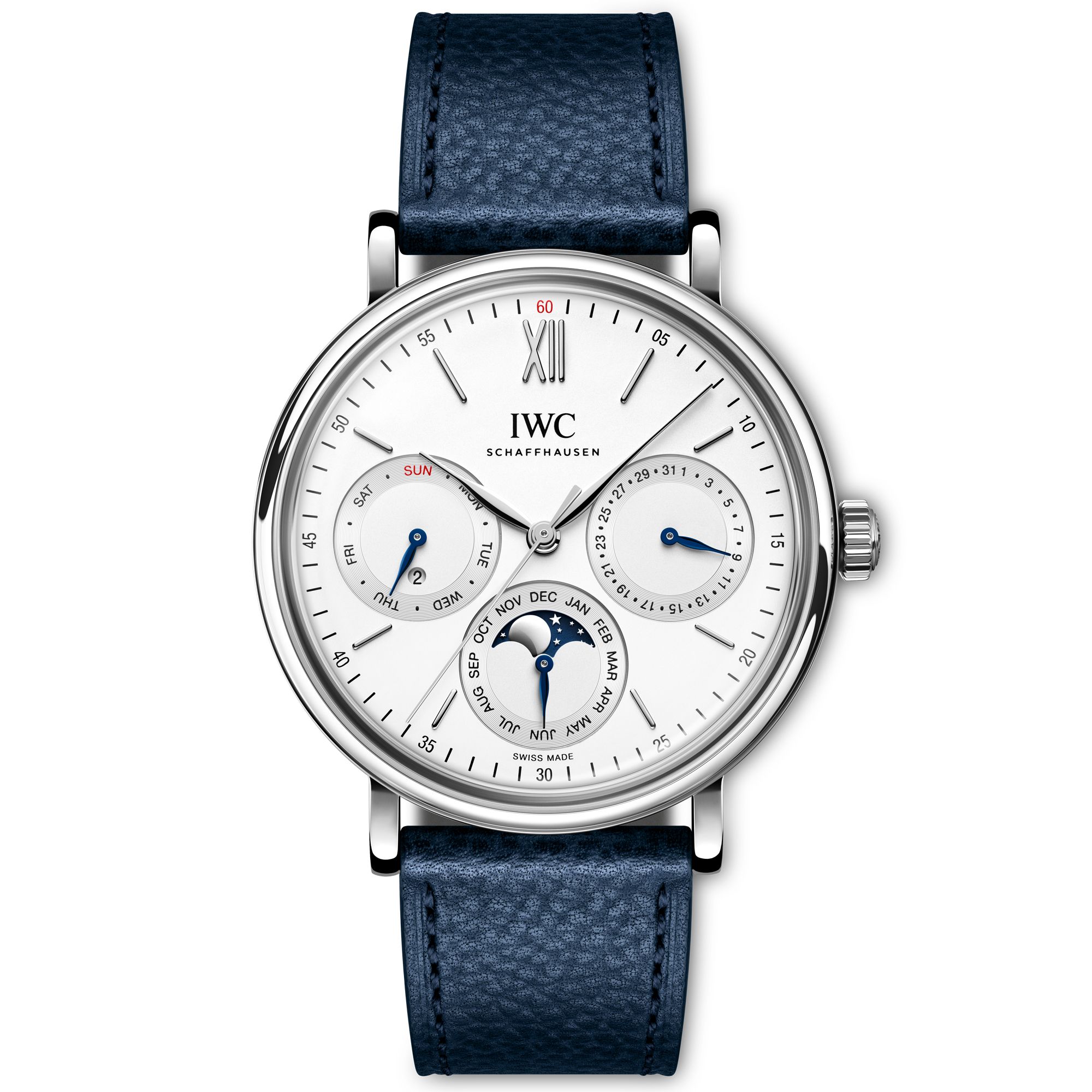 IWC Schaffhausen Portofino Perpetual Calendar 40 mm Silver Dial Stainless Steel Blue Strap IW344601