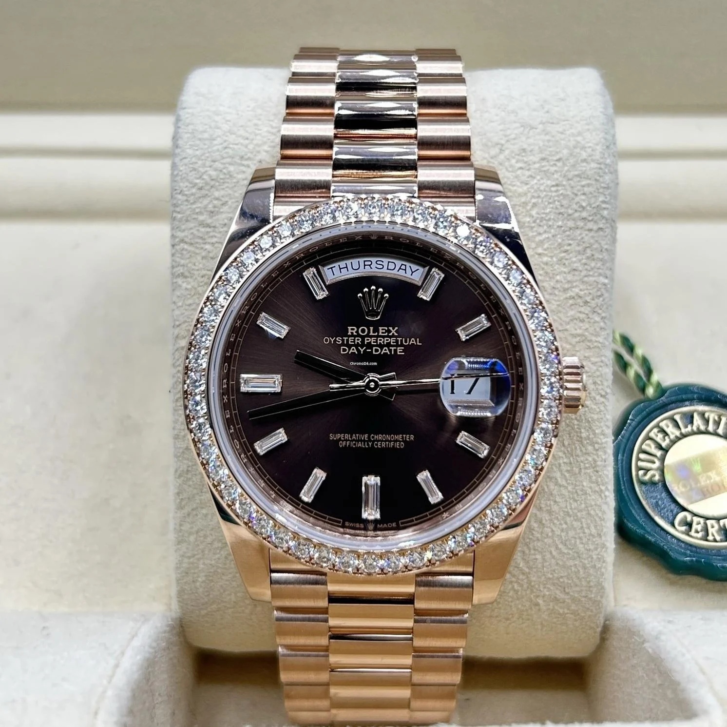 Rolex Day-Date 40mm Chocolate Baguette Diamond Dial Diamond Bezel Dial Watch 228345RBR - Image 2