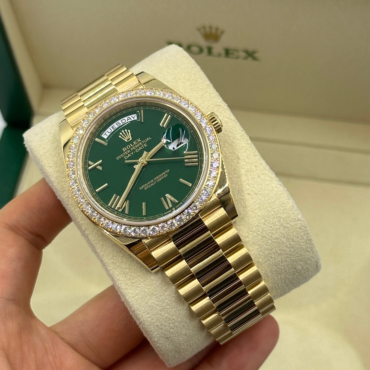 Rolex Day-Date "President" 40mm Yellow Gold Green Roman Dial Diamond Bezel - 228348rbr - Image 7