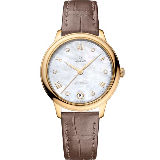 Omega De Ville Prestige 34 mm White Dial with Diamonds 18k Yellow Gold Strap 434.53.34.20.55.002