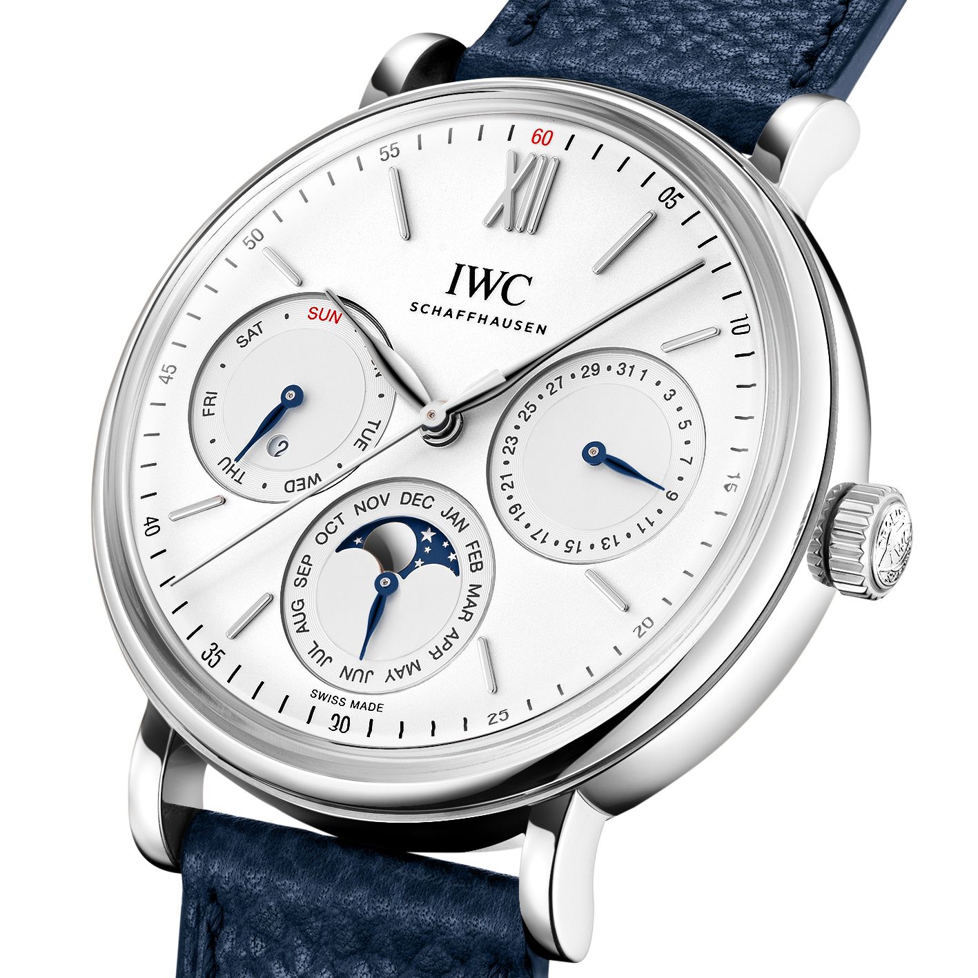 IWC Schaffhausen Portofino Perpetual Calendar 40 mm Silver Dial Stainless Steel Blue Strap IW344601 - Image 2