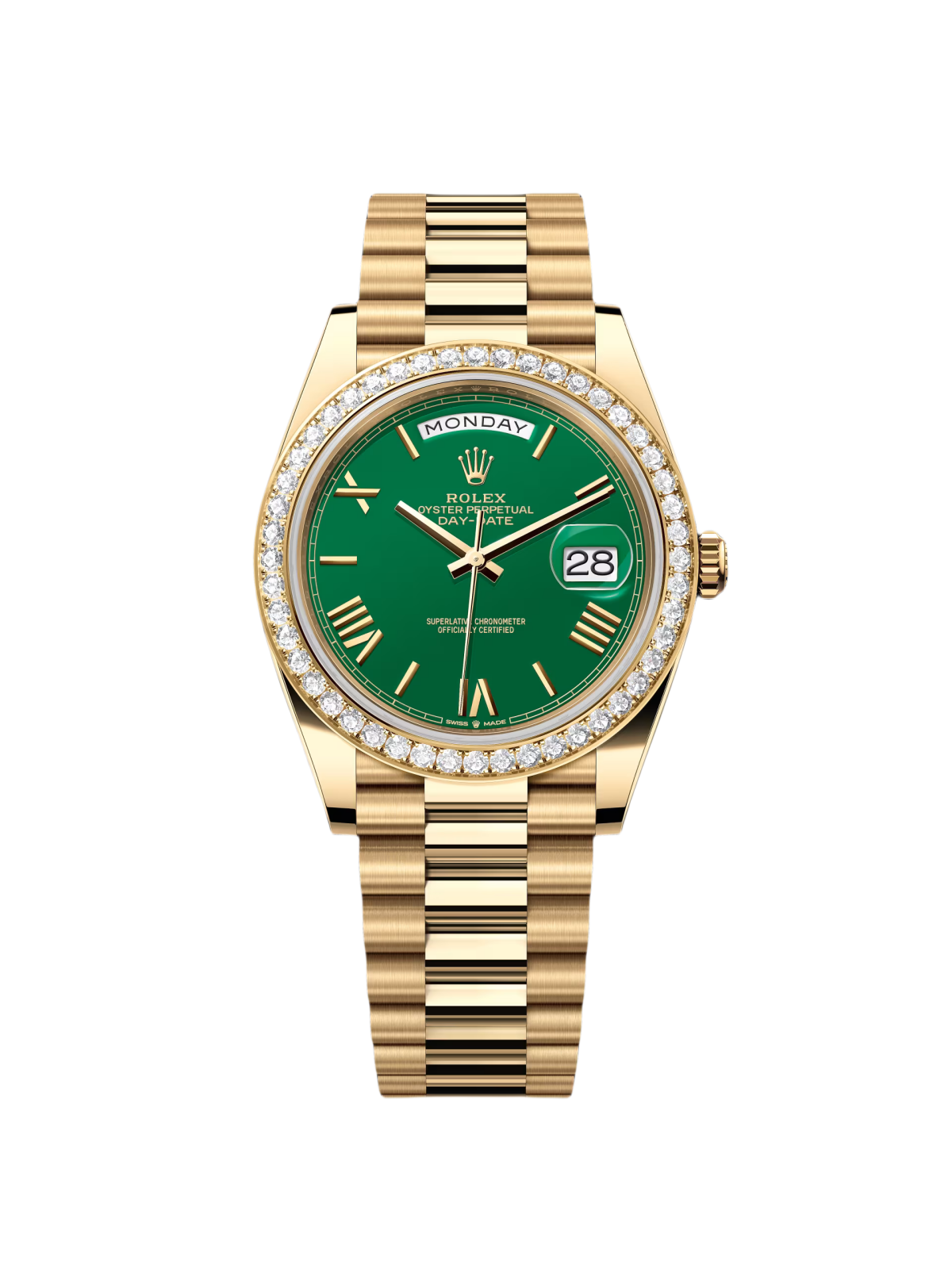 Rolex Day-Date "President" 40mm Yellow Gold Green Roman Dial Diamond Bezel - 228348rbr