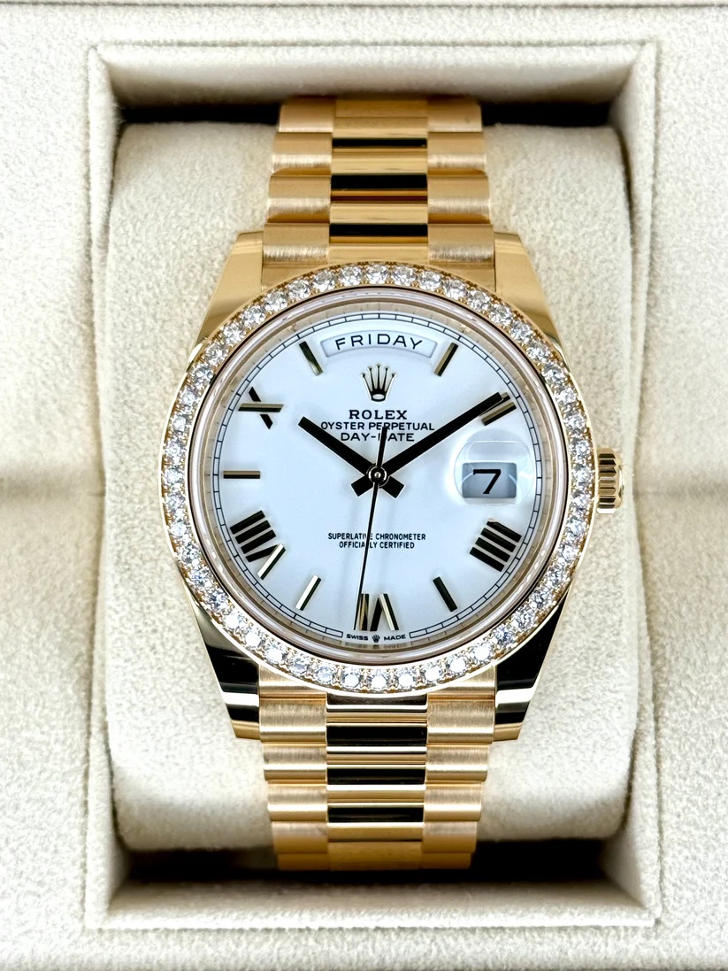 Rolex Day-Date "President" 40mm Yellow Gold White Roman Dial Diamond Bezel - 228348rbr - Image 2