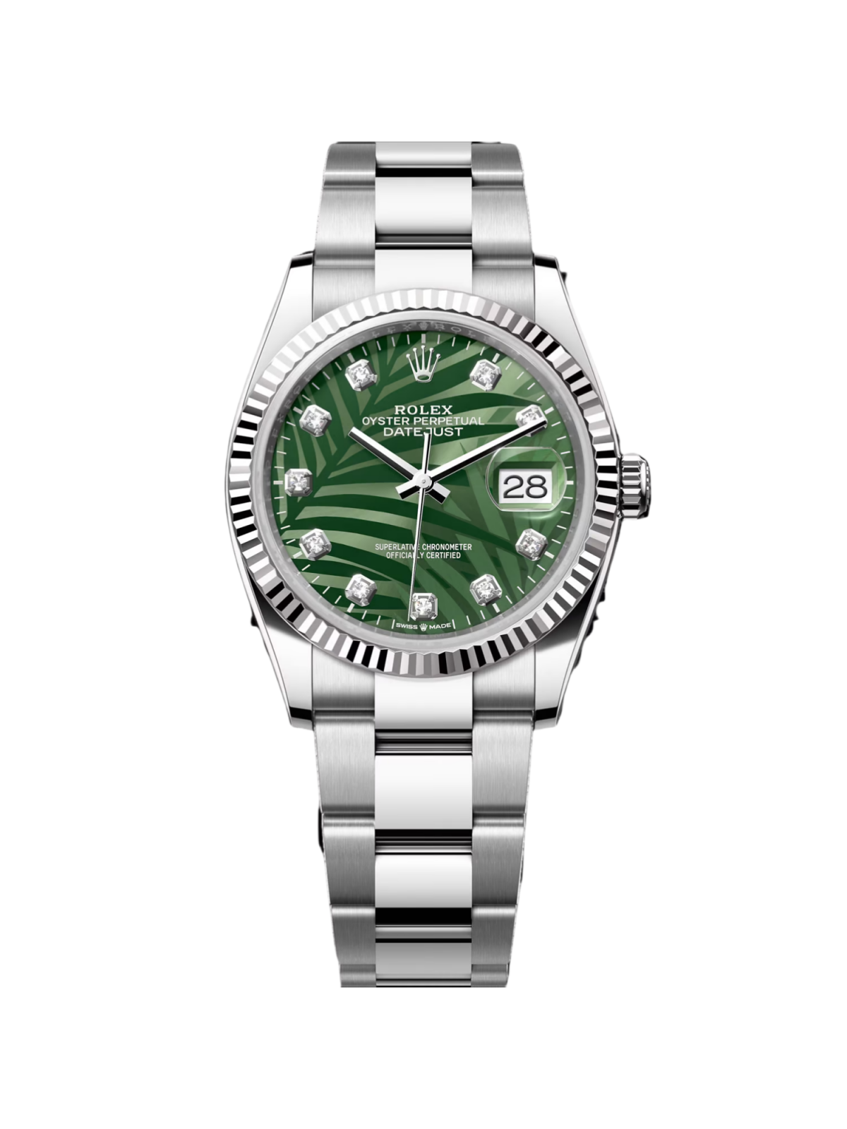 Rolex Datejust 36mm 126234 Olive Green Palm Motif Diamond Dial Jubilee Stainless Steel Watch