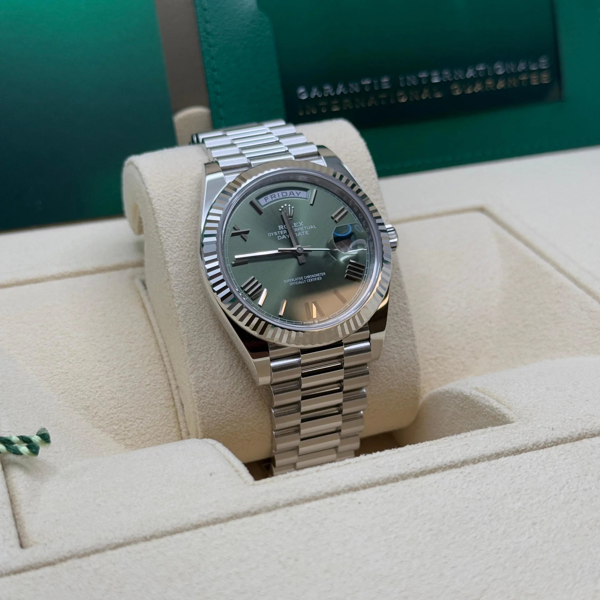 Rolex Day-Date "President" 40mm Platinum Green Olive Roman Dial - 228236 - Image 4