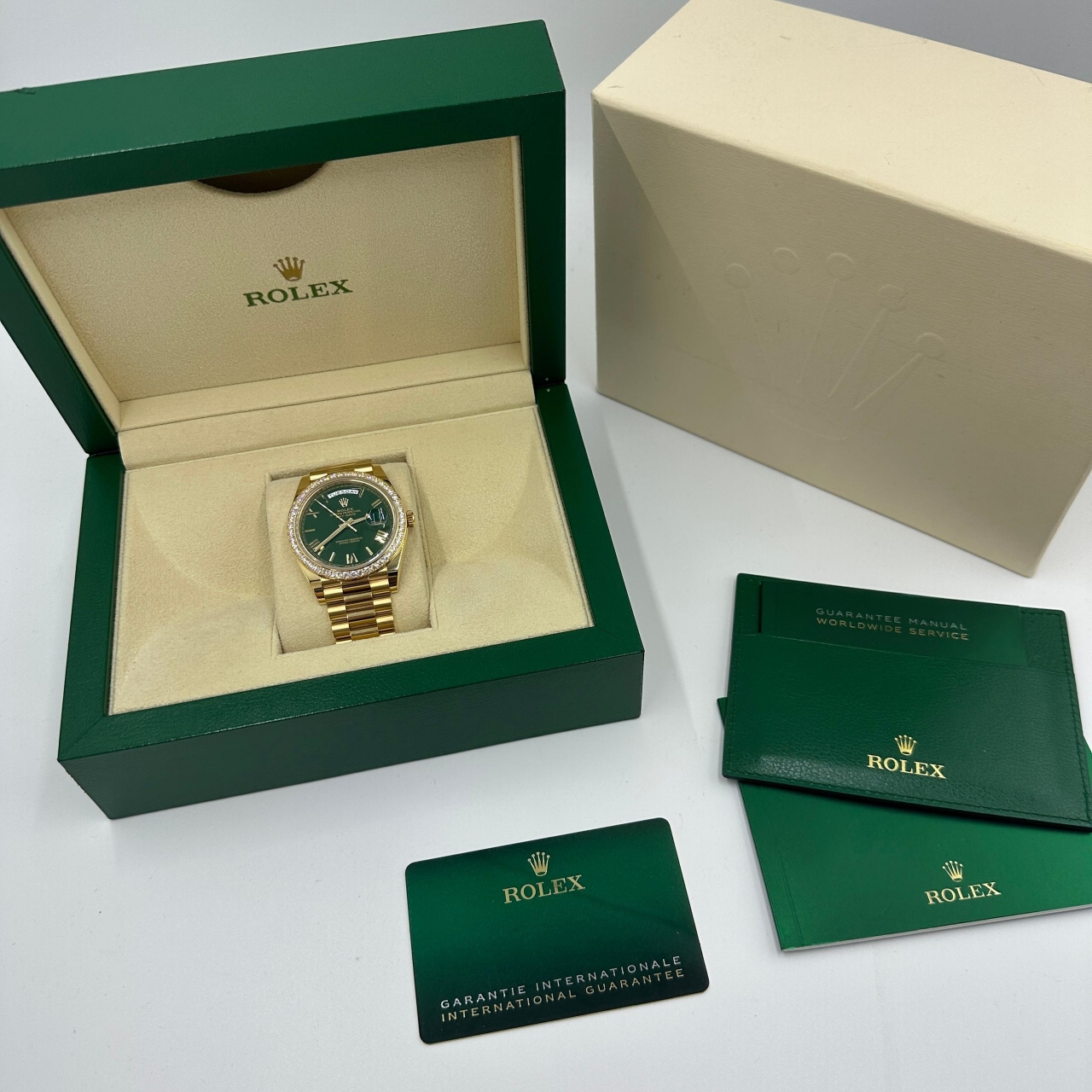 Rolex Day-Date "President" 40mm Yellow Gold Green Roman Dial Diamond Bezel - 228348rbr - Image 10