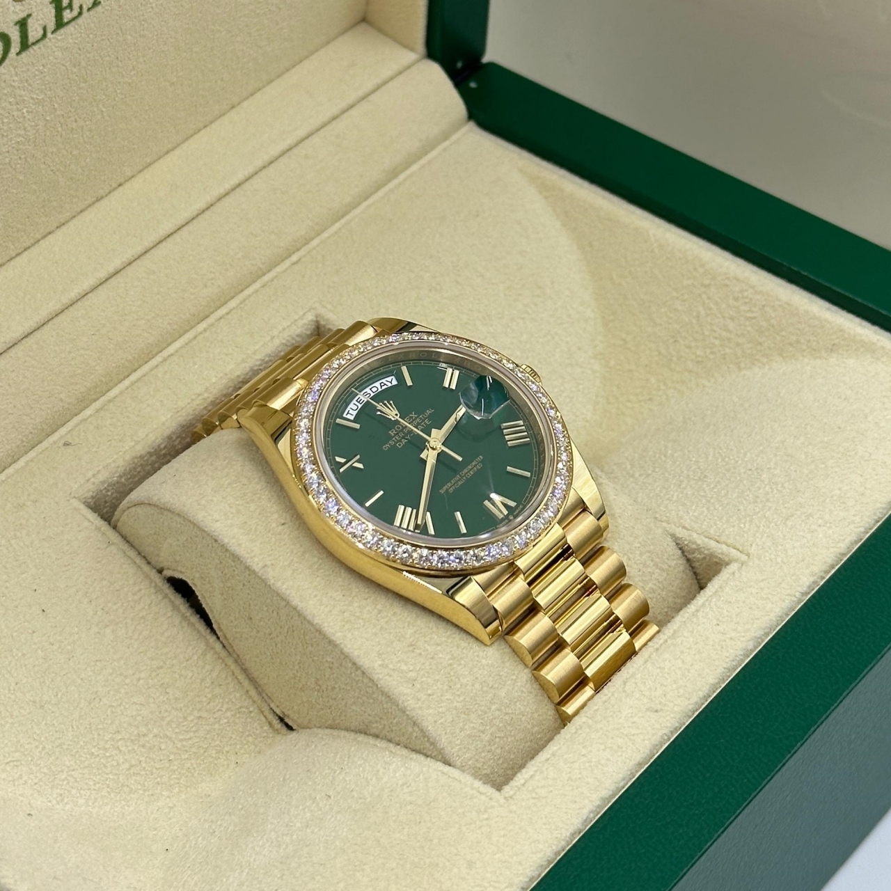 Rolex Day-Date "President" 40mm Yellow Gold Green Roman Dial Diamond Bezel - 228348rbr - Image 5